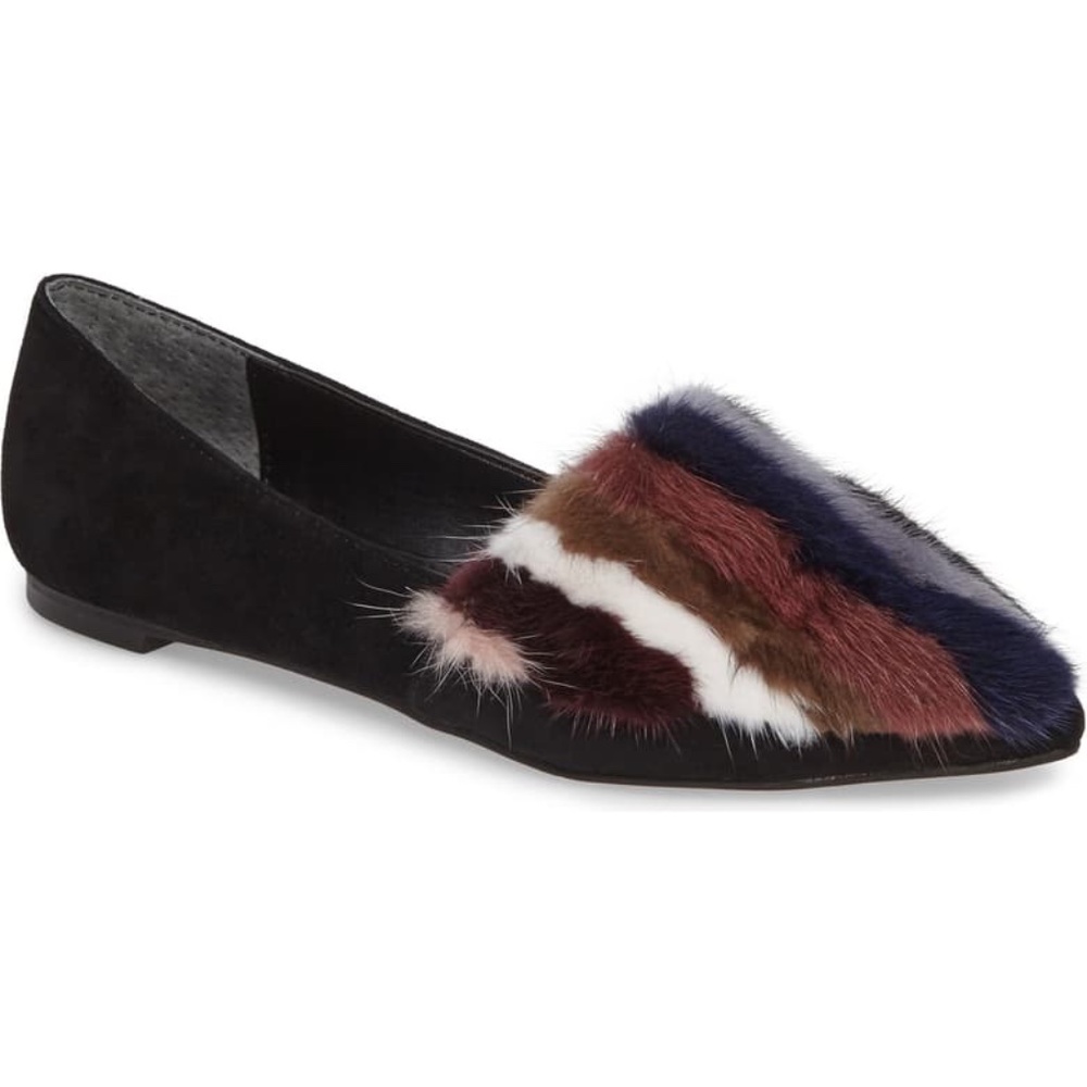 Rebecca Minkoff Amelie Black Leather Mink Fur Flat